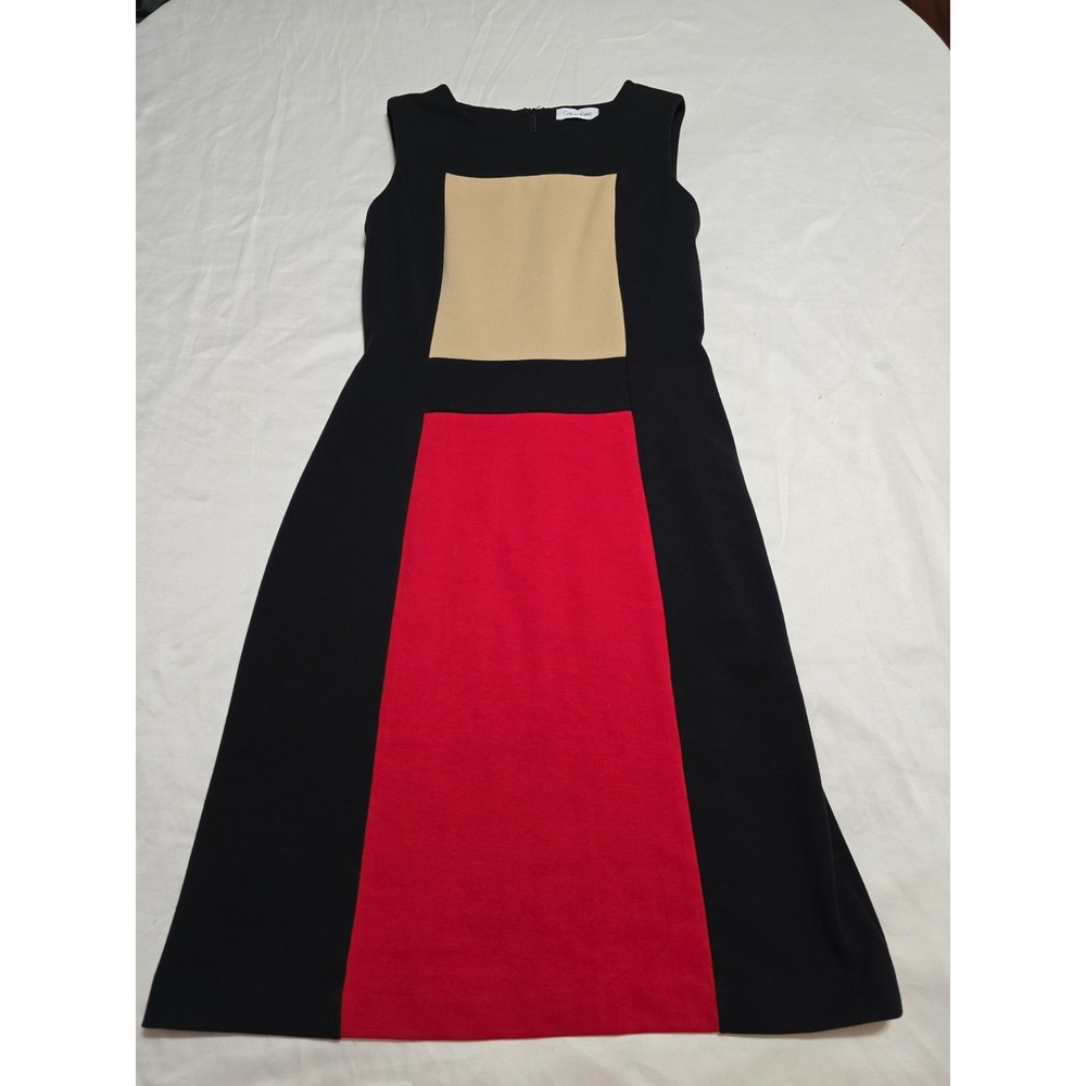 Calvin Klein Women's Size 6/8 Colorblock Sleeveless Sheath Dress Black Tan Red
